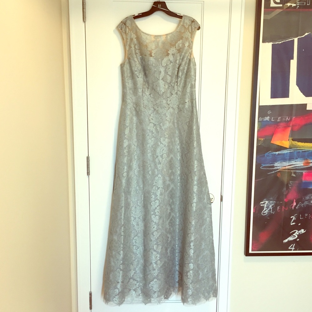 Metallic lace floral evening gown